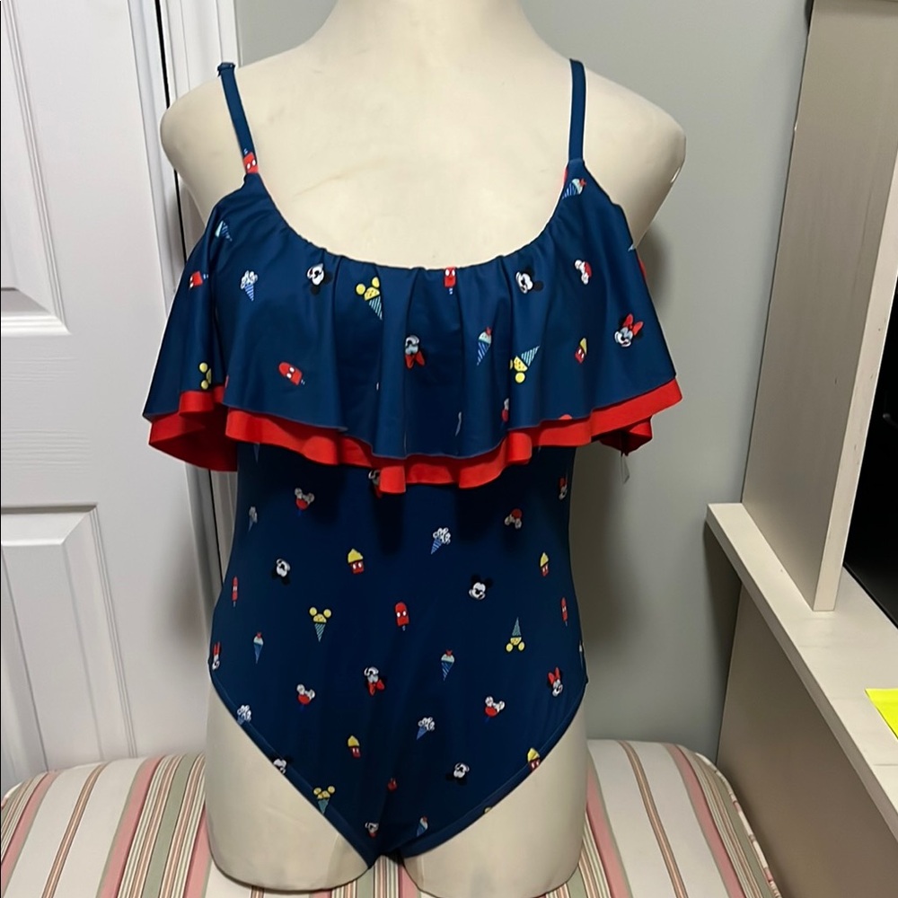 NEW Disney Red and Blue One Piece Swimsuit with Ruffle Detail